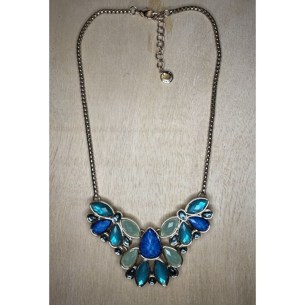 Charter Club Peacock Blue Green Glass Flowers Squash Necklace Gold Tone 18"
